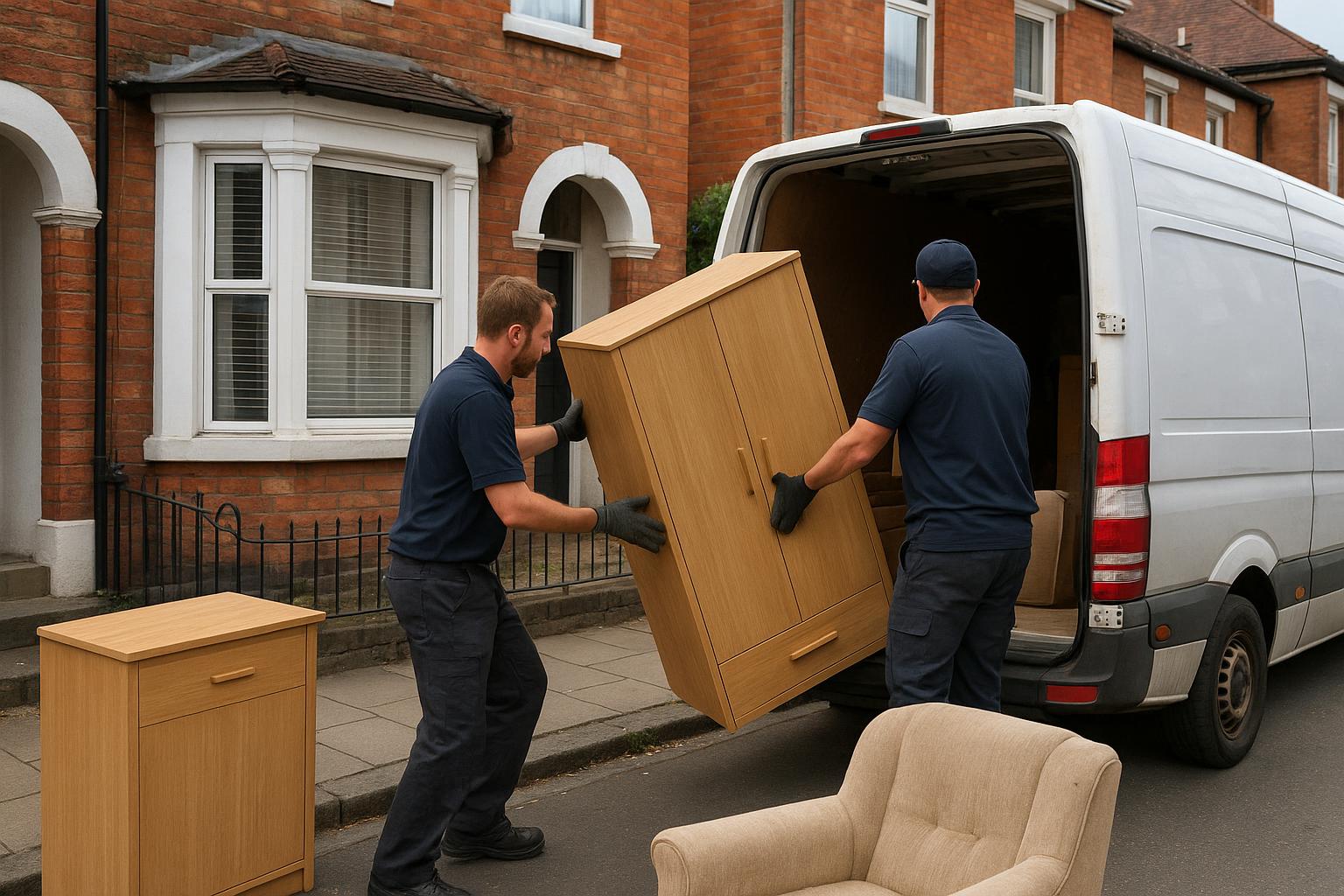 A licensed clearance crew loading a wardrobe and furniture into a van outside a house