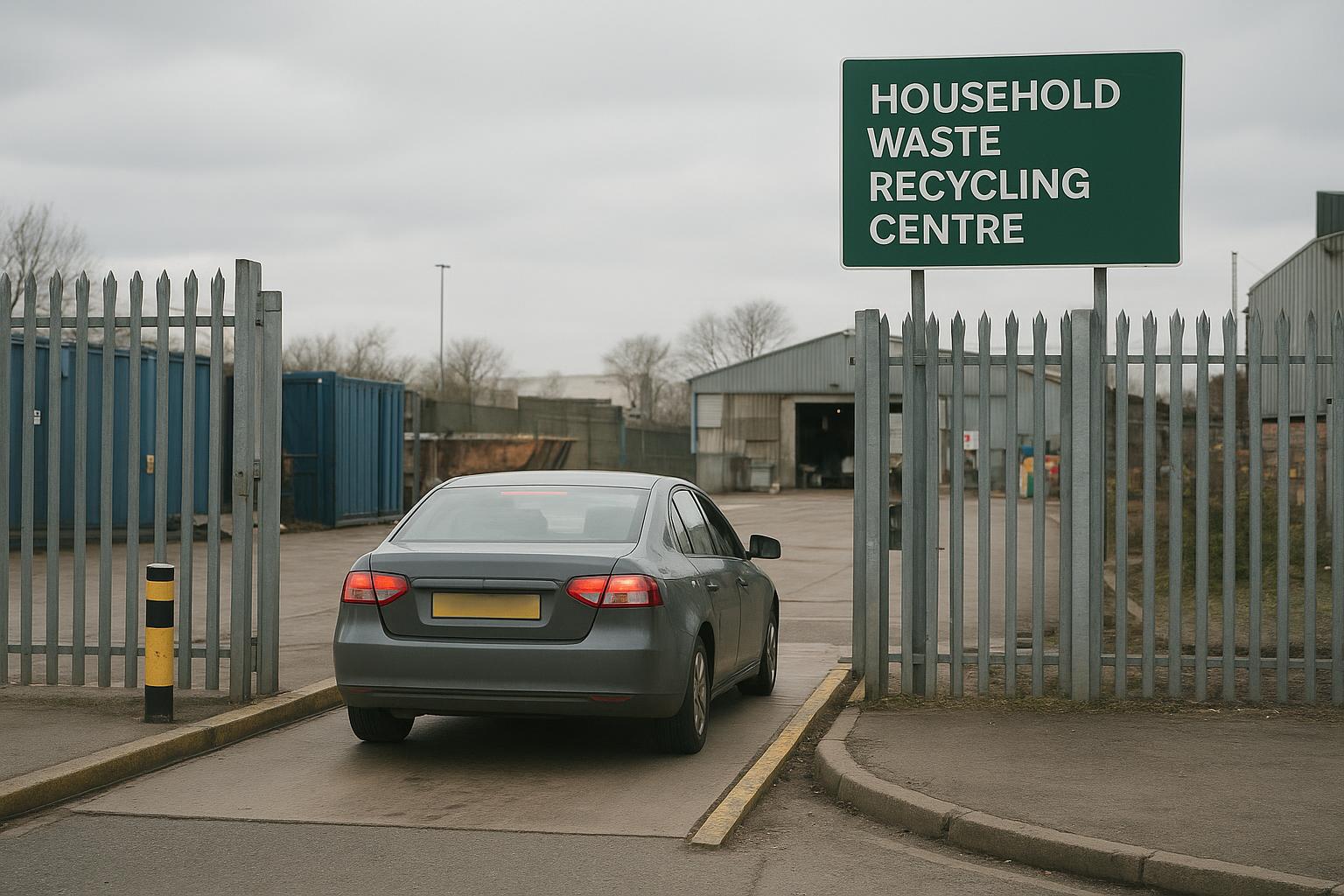 The entrance gate of a UK household waste recycling centre with a car queueing to enter
