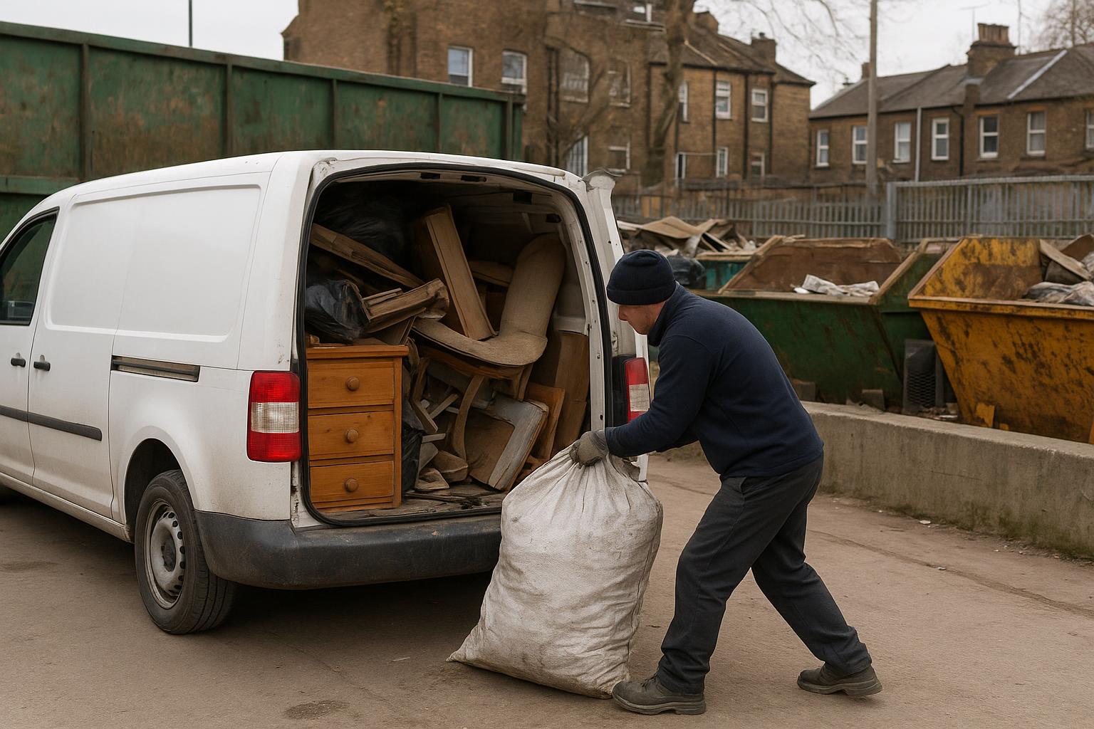 A van loaded with household junk at a recycling centre skip bay, a person unloading rubble bags