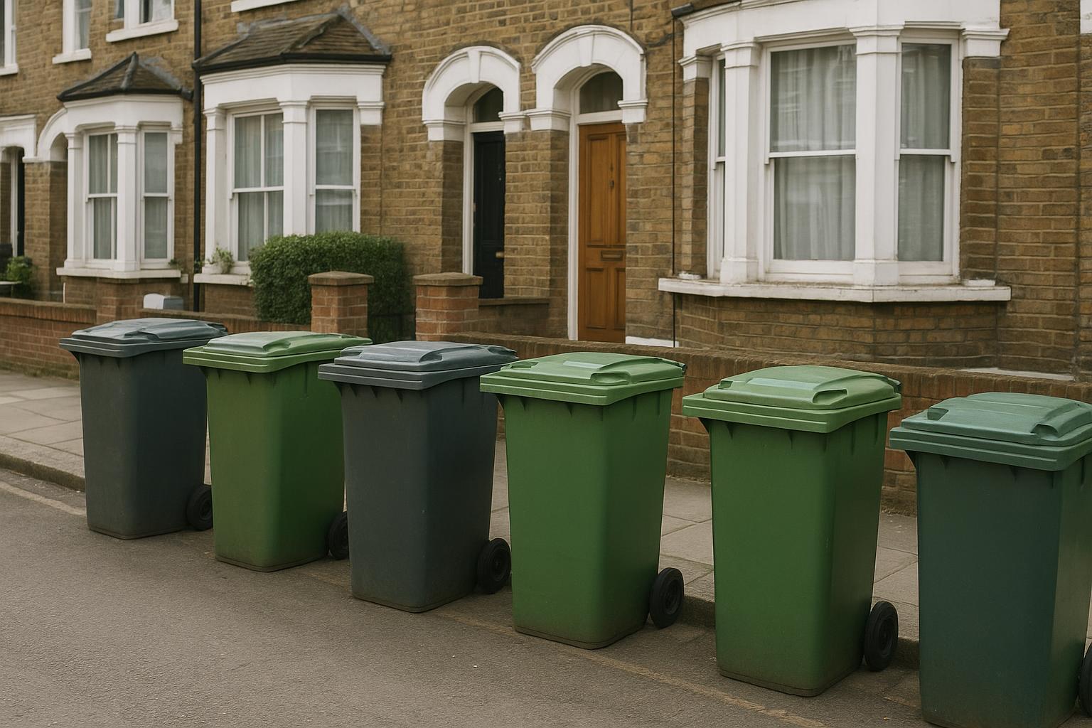 A row of wheelie bins lined up outside terraced houses on a London street on collection day