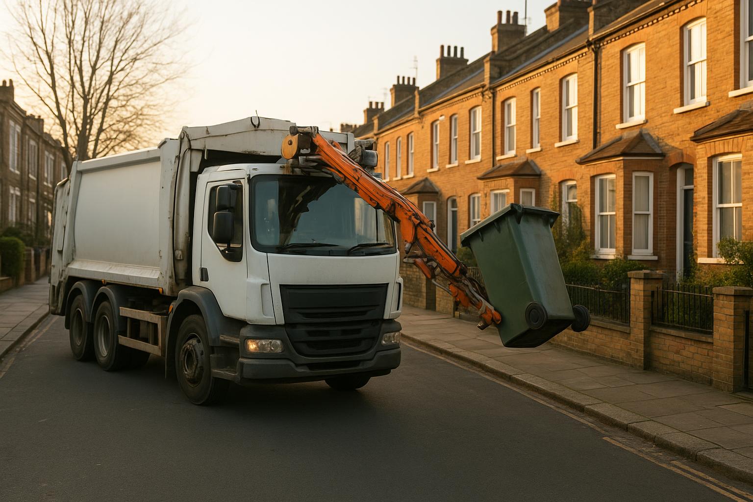 A council waste collection truck lifting a wheelie bin with its automated arm on a residential London street