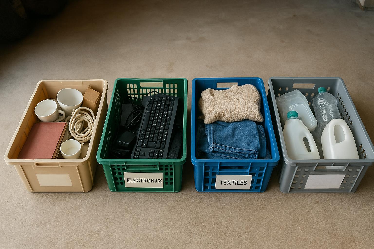 Household items sorted into separate crates for electronics, textiles and recyclable plastics before responsible disposal