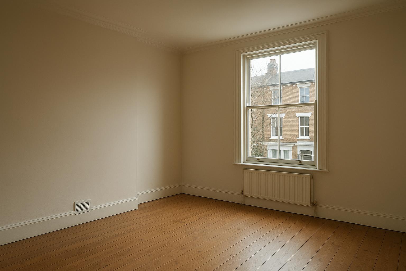 Empty, swept living room in a London terraced house after a completed house clearance